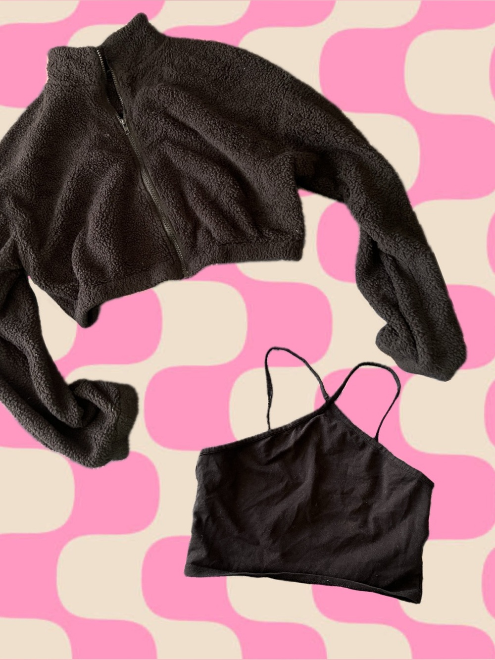 SHEIN Black Cropped Teddy Zip Jacket with Black Crop Cami